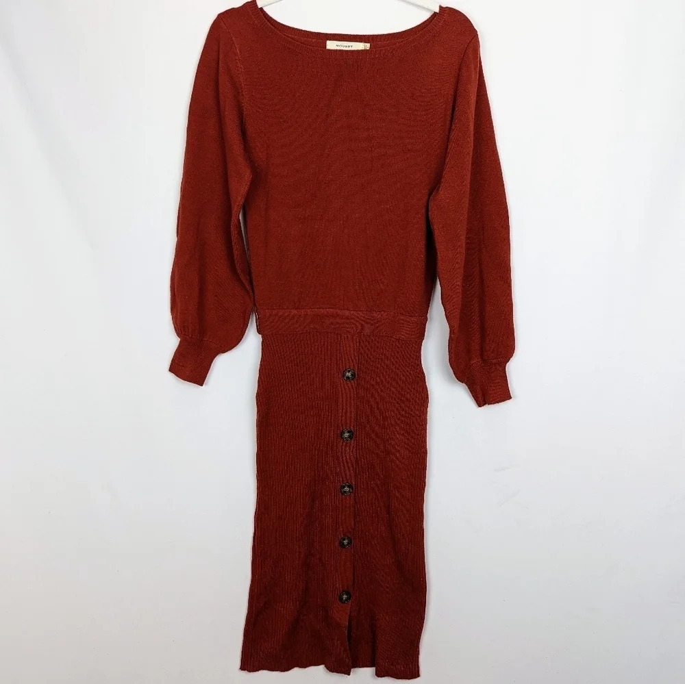 MOUSSY Knit  Sweater Dress Long Balloon Puffed Sleeve Button Down Ribbed sz.L